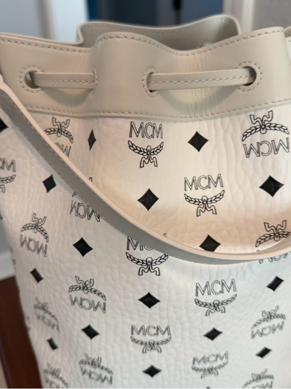 MCM White Logo Drawstring Bucket Bag with Black Motif, Authentic - Picture 2 of 8